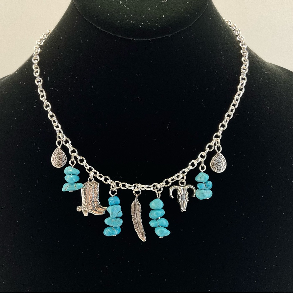 Western Multi Charm Necklace with Turquoise Howlite and Silver Plate, Cowgirl - Picture 4 of 7